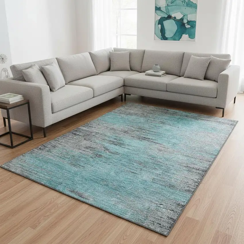 Teal And Gray Abstract Washable Area Rug With UV Protection Photo 2