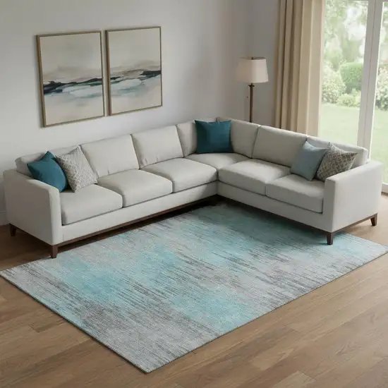 Teal And Gray Abstract Washable Area Rug With UV Protection Photo 1