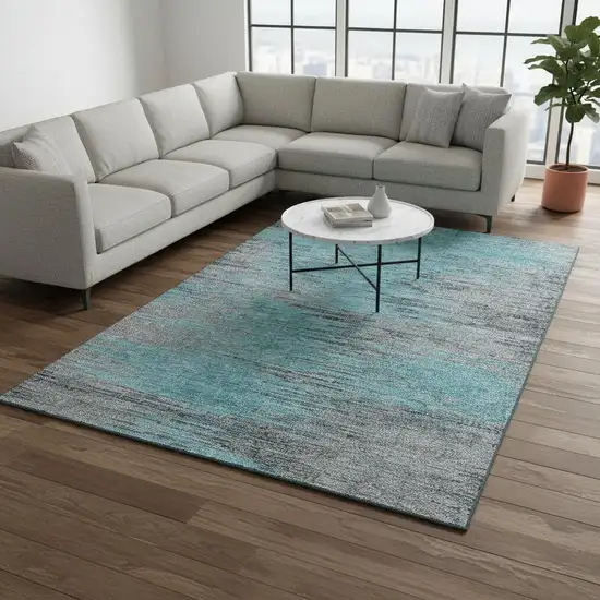 Teal And Gray Abstract Washable Area Rug With UV Protection Photo 2