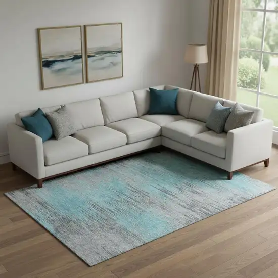 Teal And Gray Abstract Washable Area Rug With UV Protection Photo 1