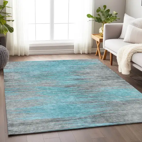 Teal And Gray Abstract Washable Area Rug With UV Protection Photo 6