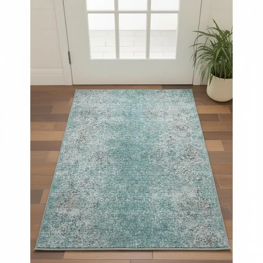 Teal And Gray Abstract Washable Area Rug With UV Protection Photo 2
