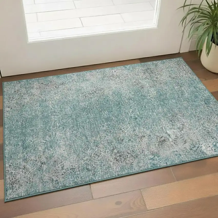 Teal And Gray Abstract Washable Area Rug With UV Protection Photo 2