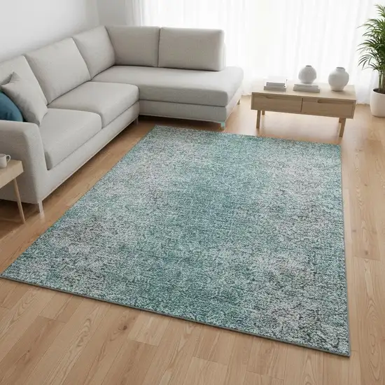 Teal And Gray Abstract Washable Area Rug With UV Protection Photo 2