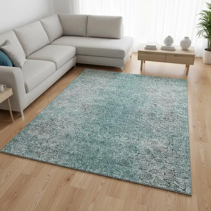 Teal And Gray Abstract Washable Area Rug With UV Protection Photo 2