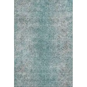 Photo of Teal And Gray Abstract Washable Area Rug With UV Protection