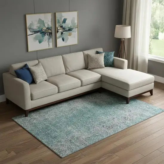 Teal And Gray Abstract Washable Area Rug With UV Protection Photo 1