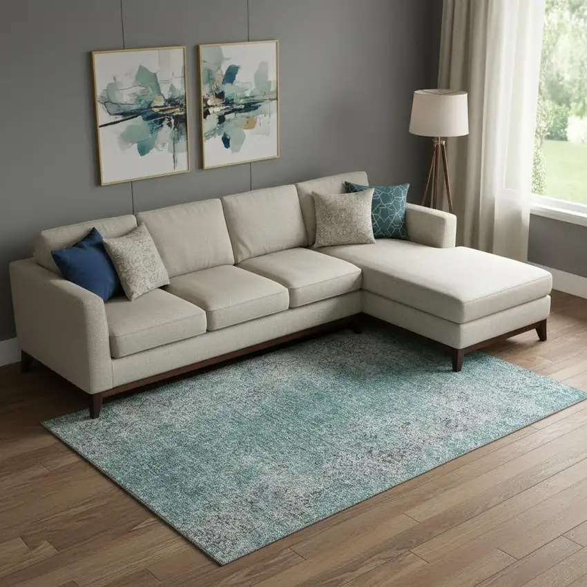 Teal And Gray Abstract Washable Area Rug With UV Protection Photo 1