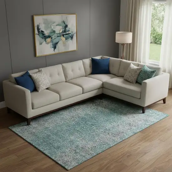 Teal And Gray Abstract Washable Area Rug With UV Protection Photo 1