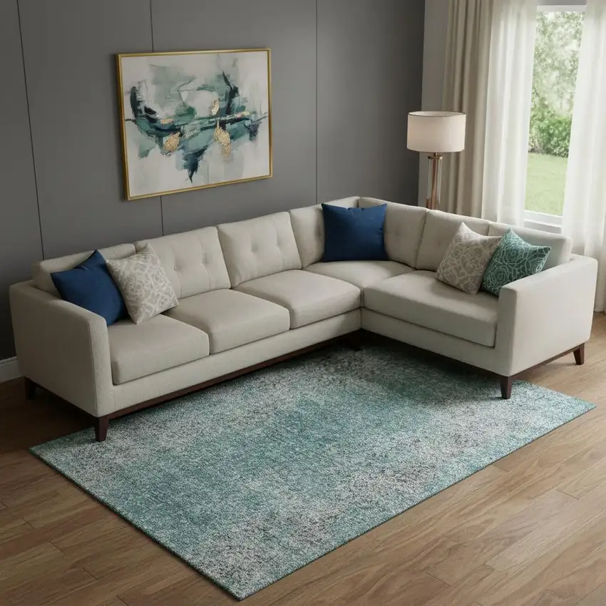 Teal And Gray Abstract Washable Area Rug With UV Protection Photo 1