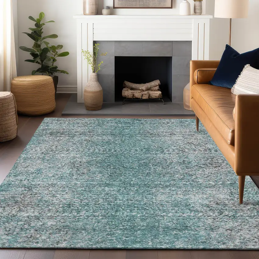 Teal And Gray Abstract Washable Area Rug With UV Protection Photo 6