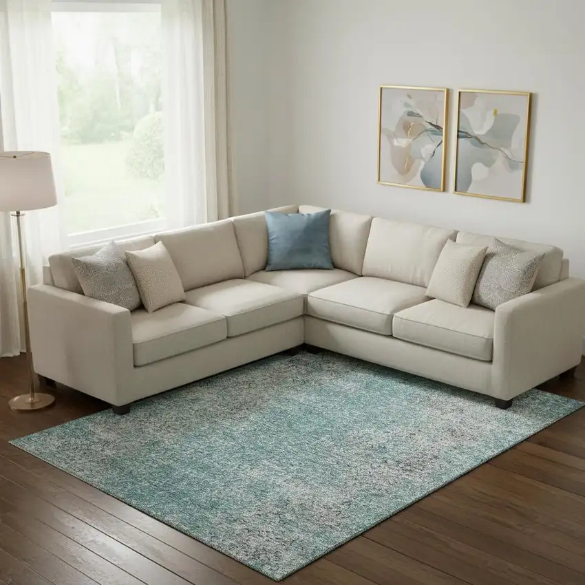 Teal And Gray Abstract Washable Area Rug With UV Protection Photo 1