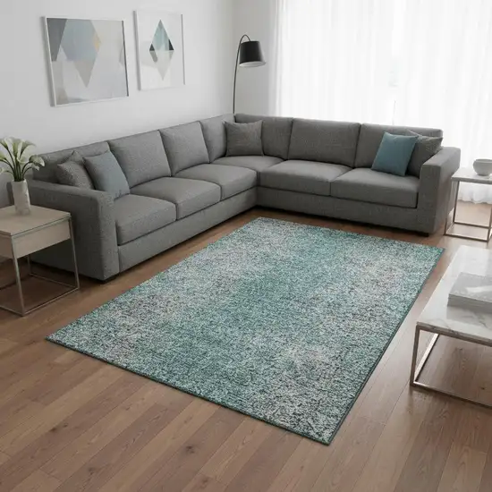 Teal And Gray Abstract Washable Area Rug With UV Protection Photo 2