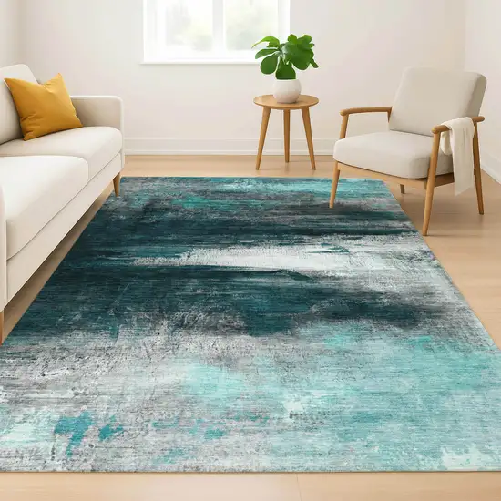 Teal And Gray Abstract Washable Area Rug With UV Protection Photo 6