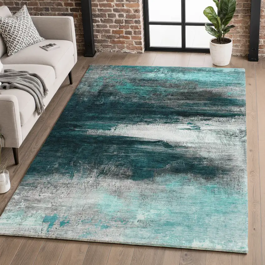 Teal And Gray Abstract Washable Area Rug With UV Protection Photo 5