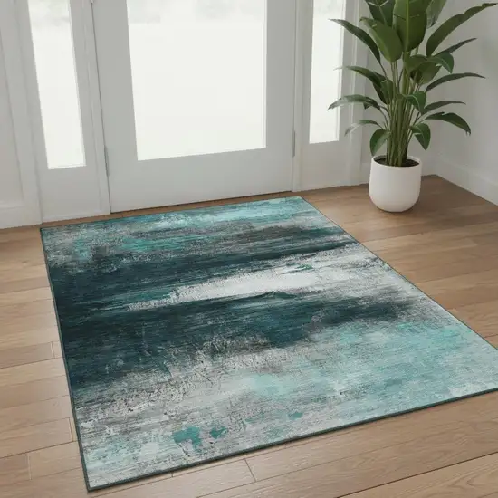 Teal And Gray Abstract Washable Area Rug With UV Protection Photo 2