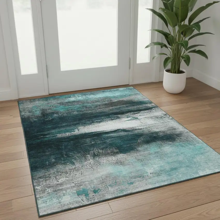 Teal And Gray Abstract Washable Area Rug With UV Protection Photo 2
