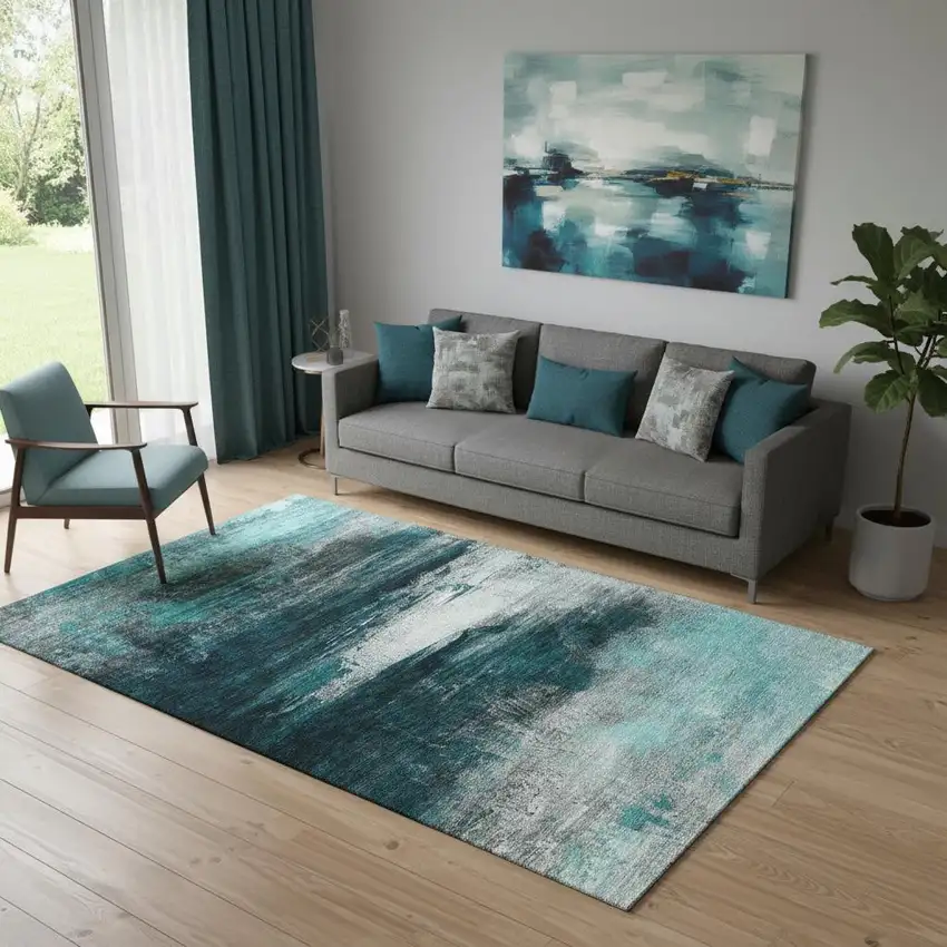 Teal And Gray Abstract Washable Area Rug With UV Protection Photo 2