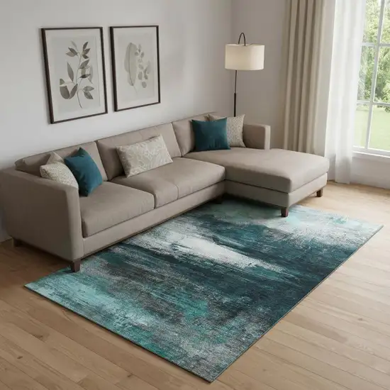 Teal And Gray Abstract Washable Area Rug With UV Protection Photo 2