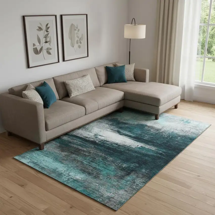 Teal And Gray Abstract Washable Area Rug With UV Protection Photo 2