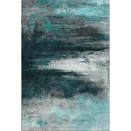 Teal And Gray Abstract Washable Area Rug With UV Protection Photo 1
