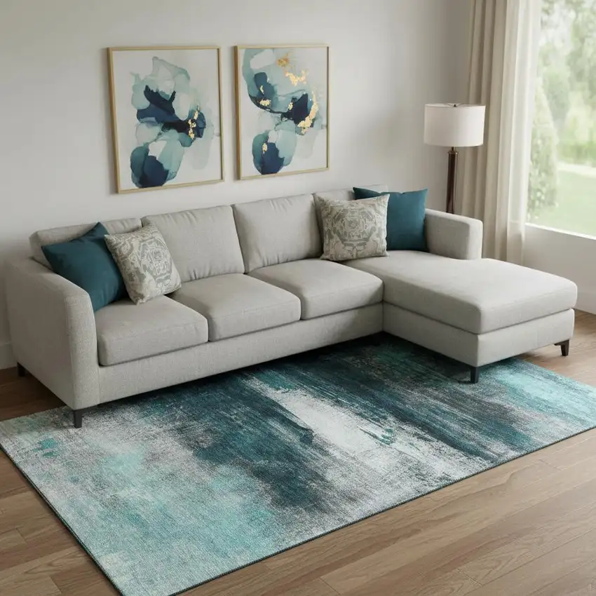 Teal And Gray Abstract Washable Area Rug With UV Protection Photo 2