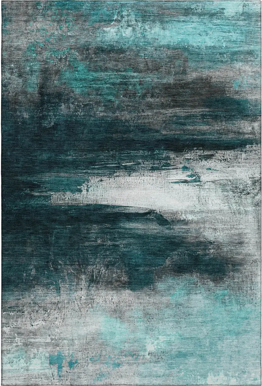 Teal And Gray Abstract Washable Area Rug With UV Protection Photo 1