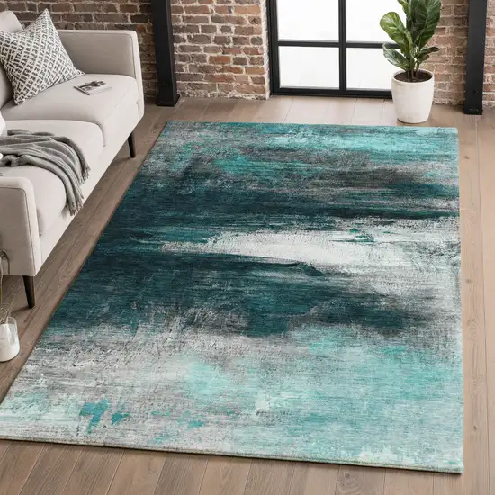 Teal And Gray Abstract Washable Area Rug With UV Protection Photo 5