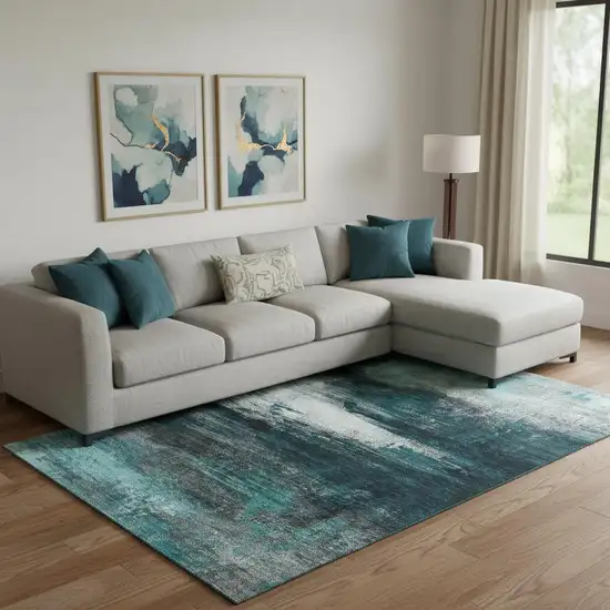 Teal And Gray Abstract Washable Area Rug With UV Protection Photo 2