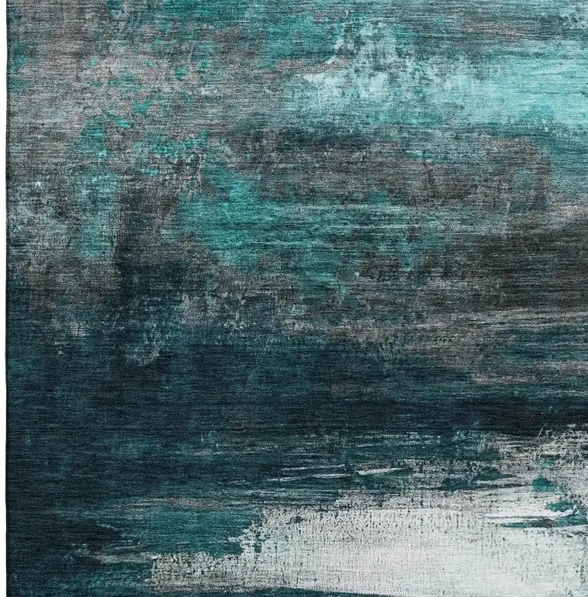 Teal And Gray Abstract Washable Area Rug With UV Protection Photo 3