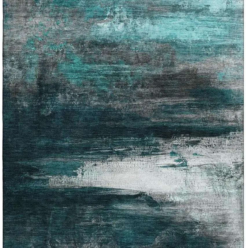 Teal And Gray Abstract Washable Area Rug With UV Protection Photo 4
