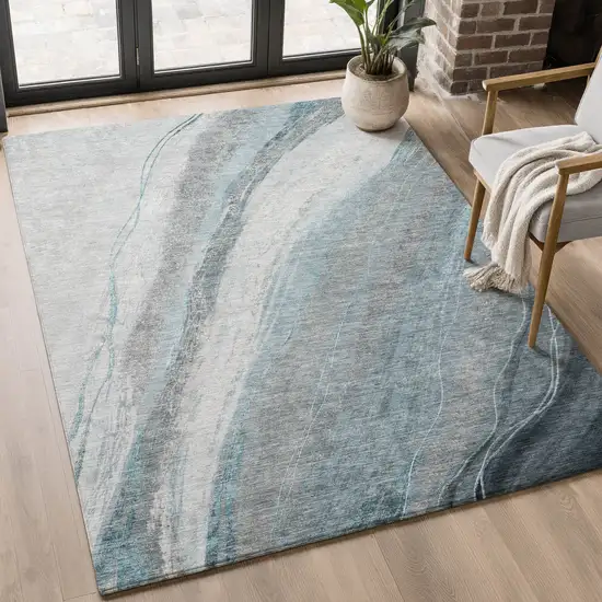 Teal And Gray Abstract Washable Area Rug With UV Protection Photo 5