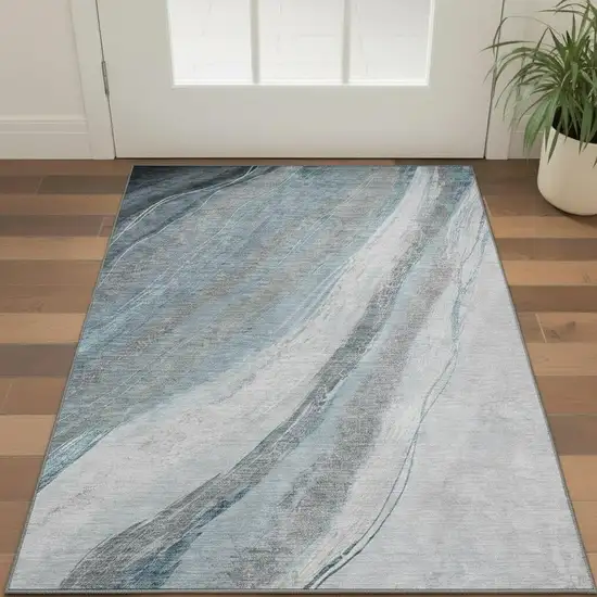 Teal And Gray Abstract Washable Area Rug With UV Protection Photo 2