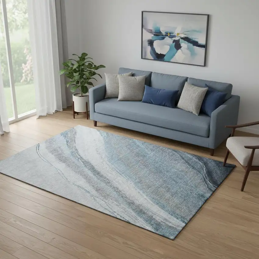Teal And Gray Abstract Washable Area Rug With UV Protection Photo 2