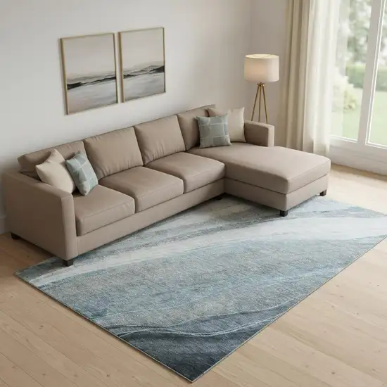 Teal And Gray Abstract Washable Area Rug With UV Protection Photo 2