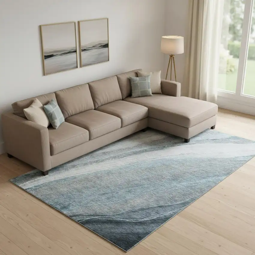 Teal And Gray Abstract Washable Area Rug With UV Protection Photo 2