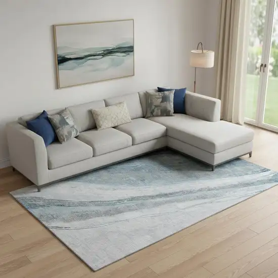 Teal And Gray Abstract Washable Area Rug With UV Protection Photo 2