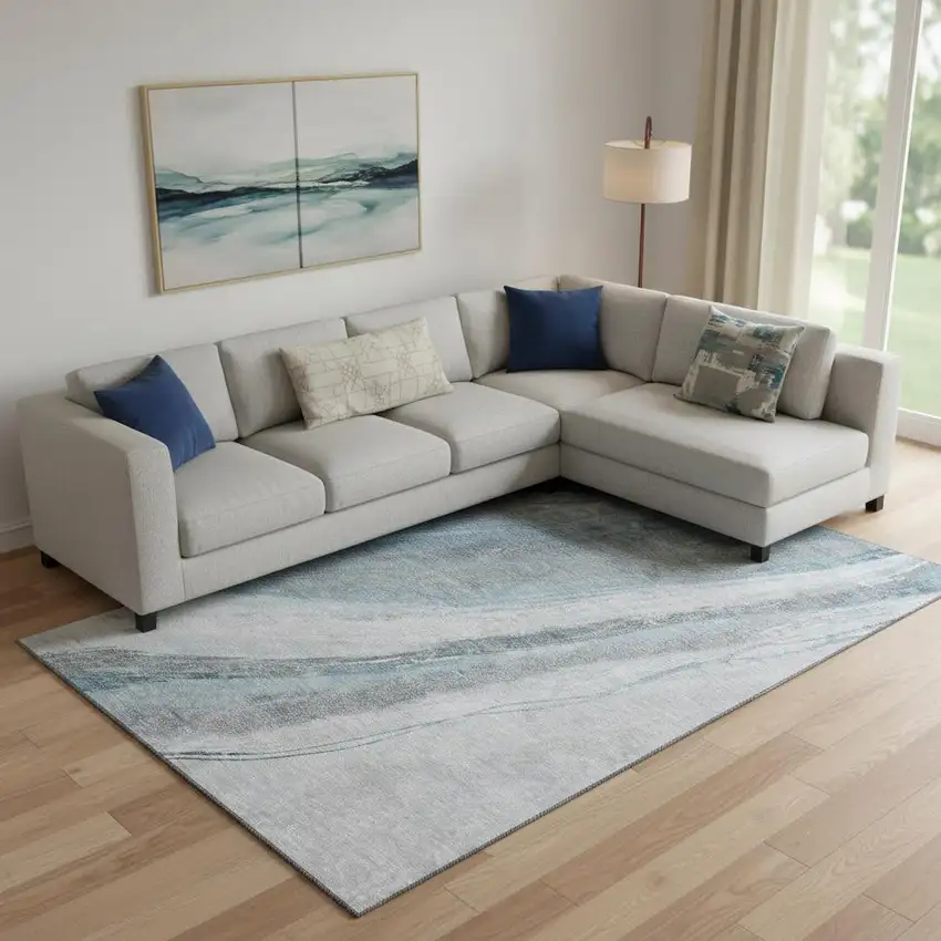 Teal And Gray Abstract Washable Area Rug With UV Protection Photo 2