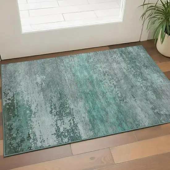 Teal And Gray Abstract Washable Area Rug With UV Protection Photo 2