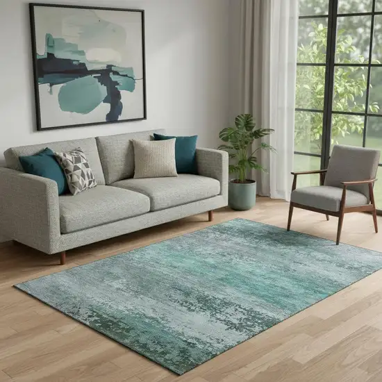 Teal And Gray Abstract Washable Area Rug With UV Protection Photo 2