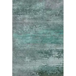 Photo of Teal And Gray Abstract Washable Area Rug With UV Protection