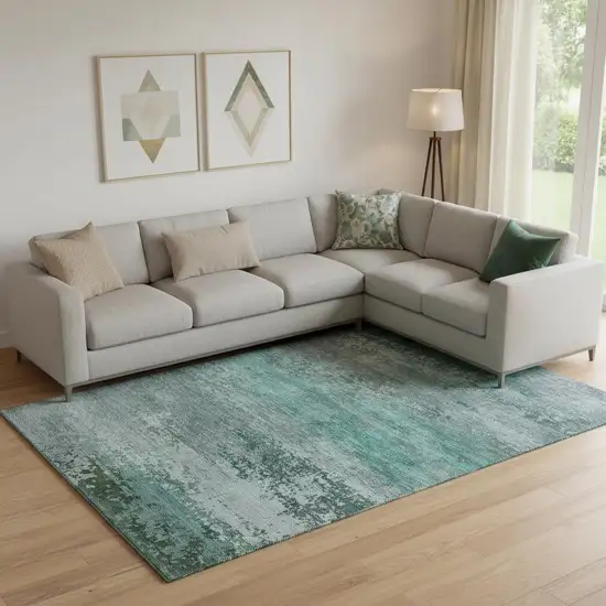 Teal And Gray Abstract Washable Area Rug With UV Protection Photo 2
