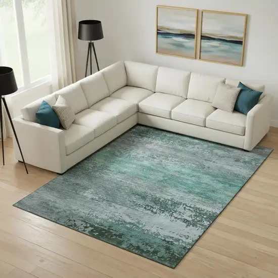 Teal And Gray Abstract Washable Area Rug With UV Protection Photo 2