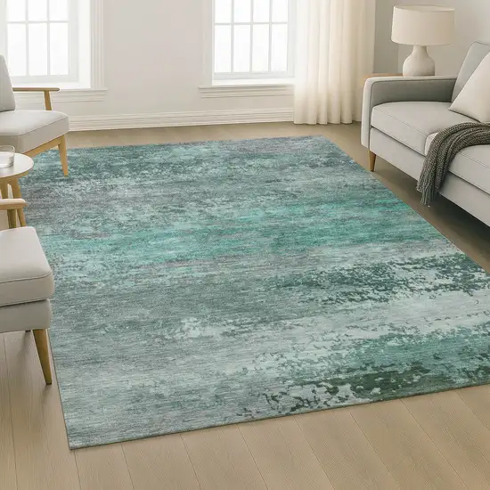 Teal And Gray Abstract Washable Area Rug With UV Protection Photo 6