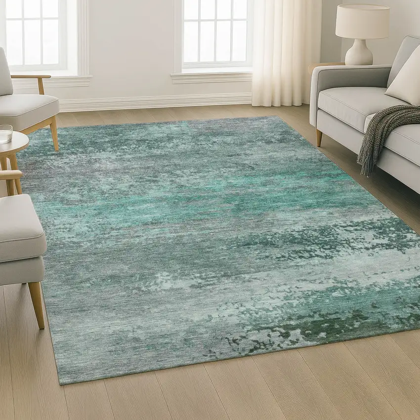 Teal And Gray Abstract Washable Area Rug With UV Protection Photo 6