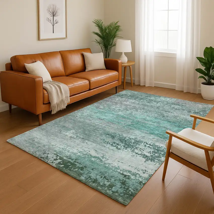 Teal And Gray Abstract Washable Area Rug With UV Protection Photo 5