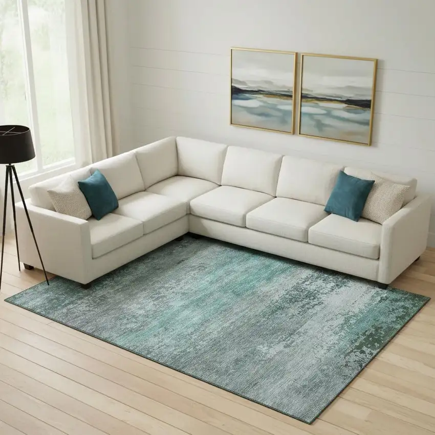 Teal And Gray Abstract Washable Area Rug With UV Protection Photo 2