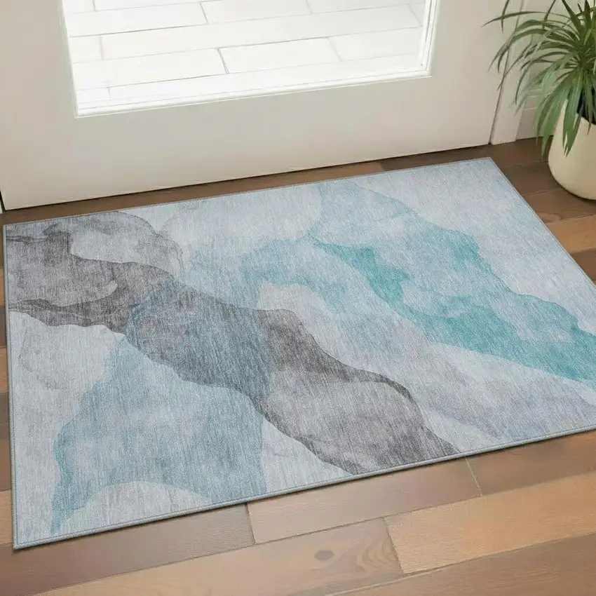 Teal And Gray Abstract Washable Area Rug With UV Protection Photo 2