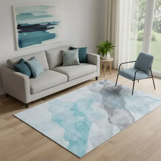 Teal And Gray Abstract Washable Area Rug With UV Protection Photo 2
