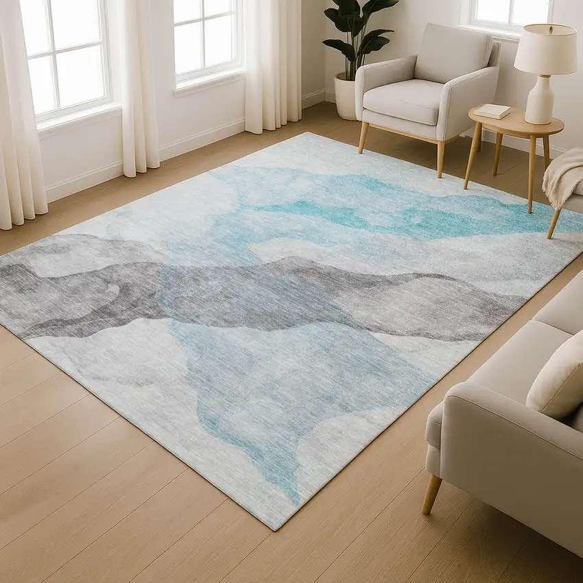 Teal And Gray Abstract Washable Area Rug With UV Protection Photo 6